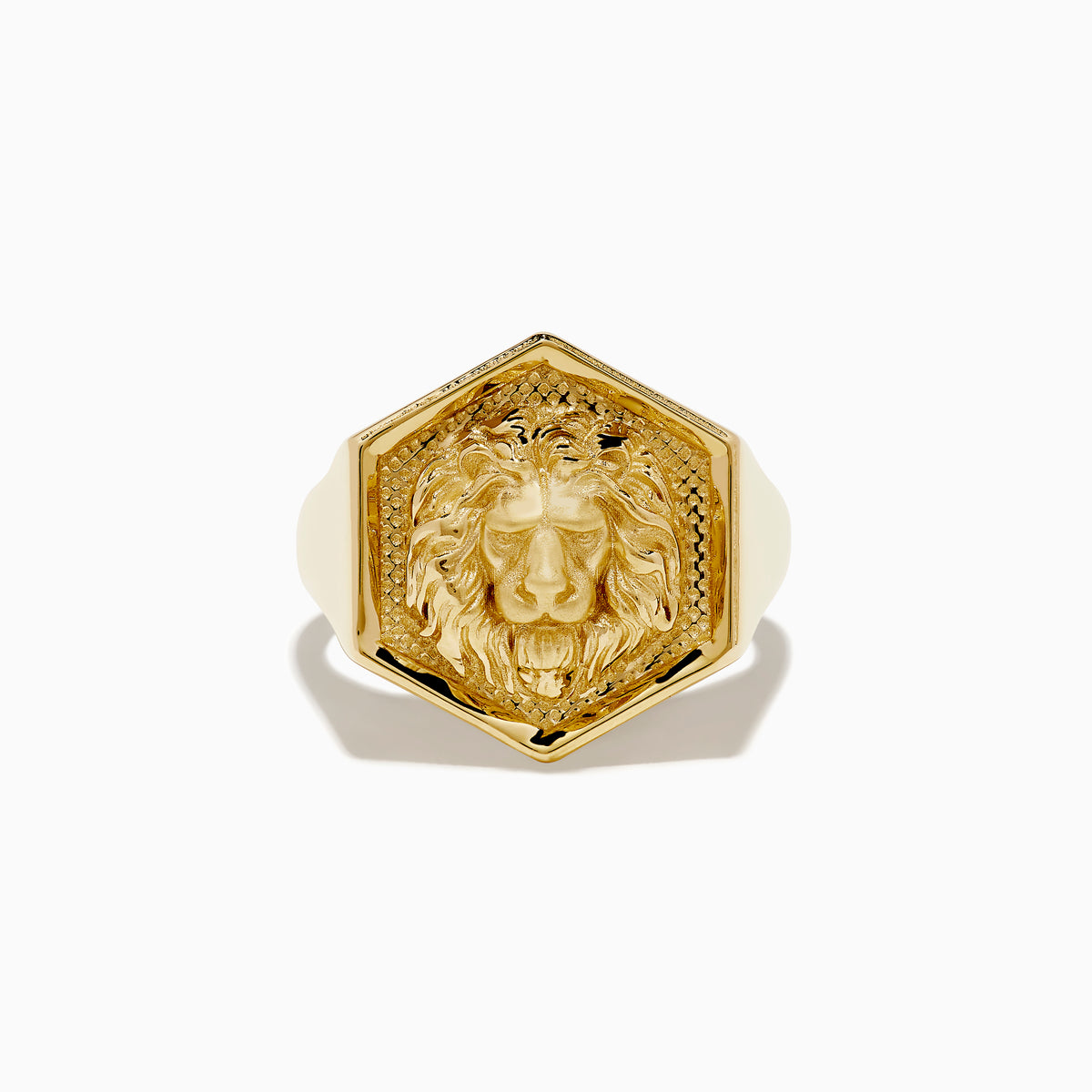 The Mens 14K Yellow Gold Lion Signet Ring features an embossed lions head on a hexagonal face, shown against a white background.