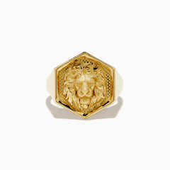 The Mens 14K Yellow Gold Lion Signet Ring features an embossed lions head on a hexagonal face, shown against a white background.