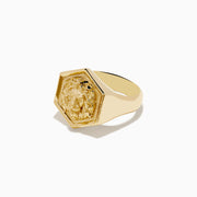 The Mens 14K Yellow Gold Lion Signet Ring features an embossed lions head on a hexagonal face, shown against a white background.