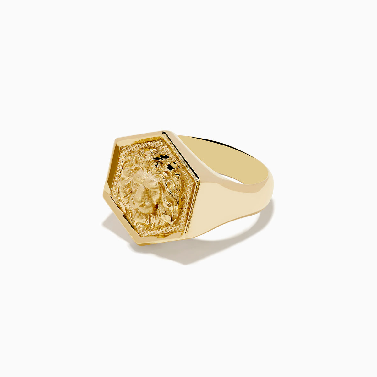 The Mens 14K Yellow Gold Lion Signet Ring features an embossed lions head on a hexagonal face, shown against a white background.