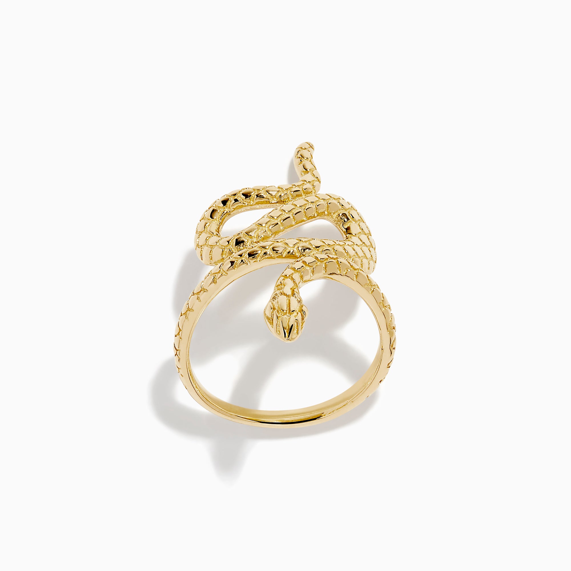 The 14K Yellow Gold Snake Ring features a coiled serpent design with detailed scales, elegantly wrapping around the finger. Displayed against a plain white background, this striking ring is crafted in yellow gold.