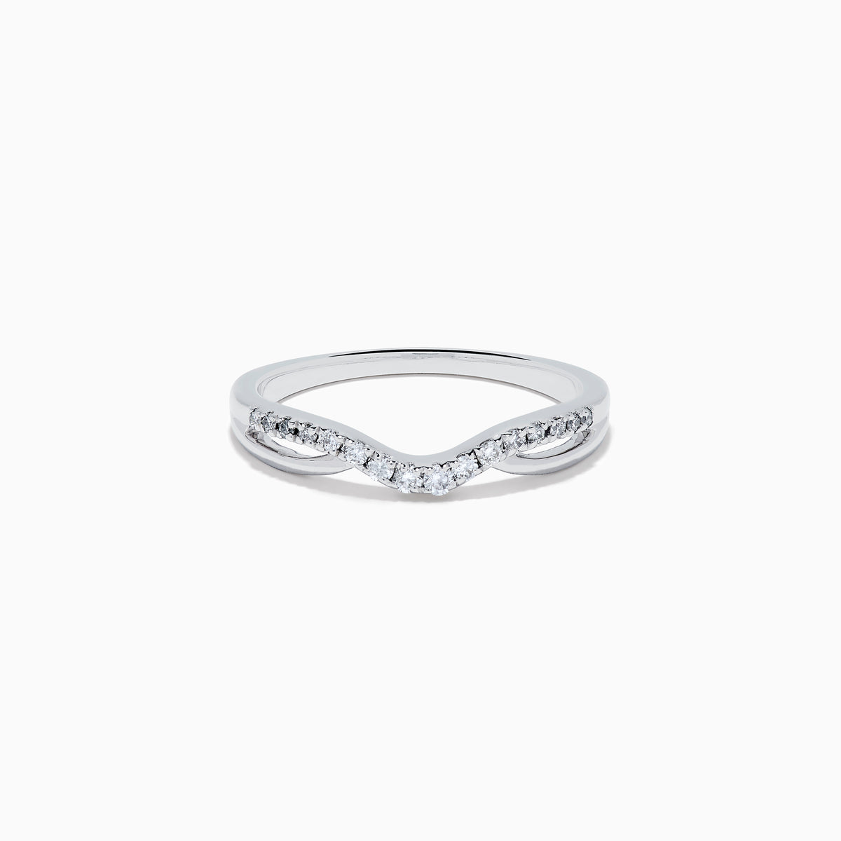 The Classique 14K White Gold Diamond Wedding Band features a subtle chevron shape with small round diamonds along the curved top and a sleek, polished, minimalist design.
