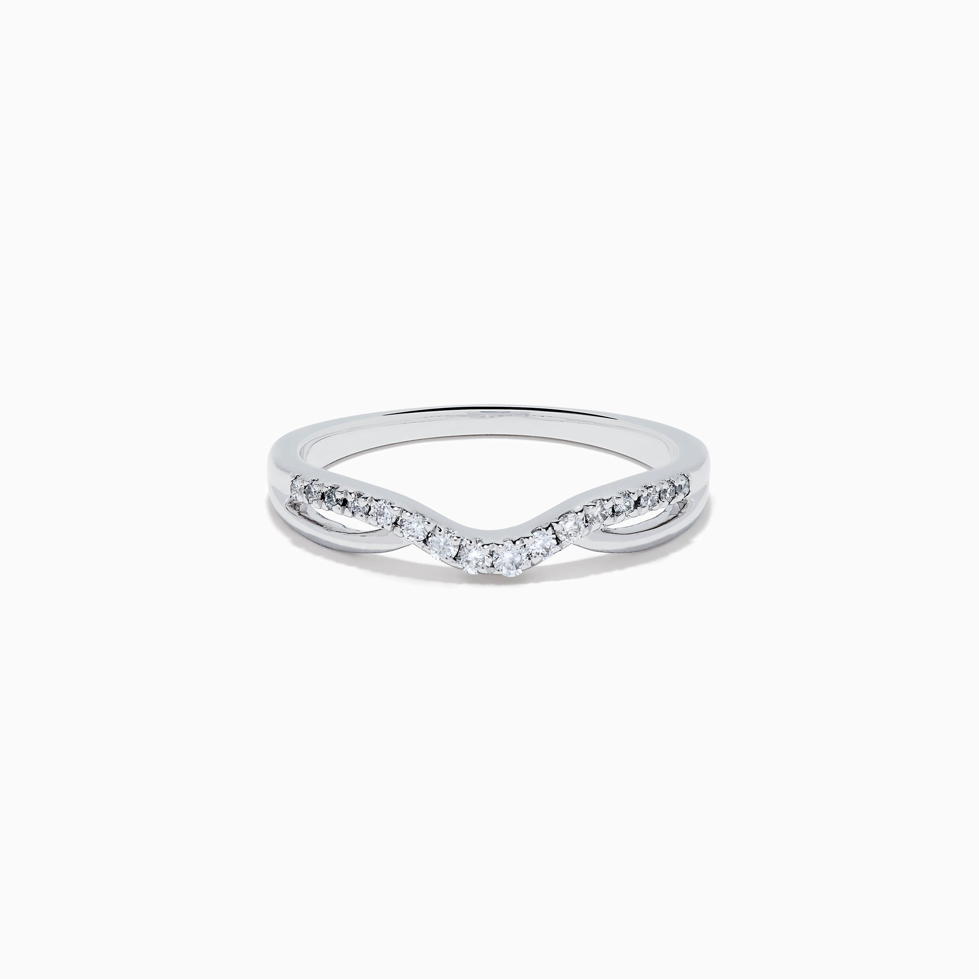 The Classique 14K White Gold Diamond Wedding Band features a subtle chevron shape with small round diamonds along the curved top and a sleek, polished, minimalist design.