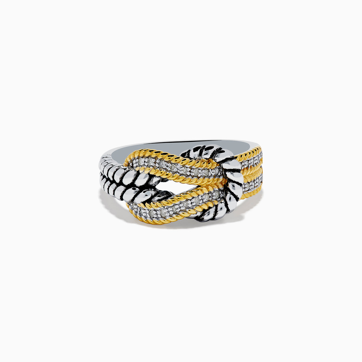 The 925 Sterling Silver 18K Plated Diamond Interlocking Links Ring features intertwined gold and silver rope-textured bands forming a central knot design, displayed on a plain white background.