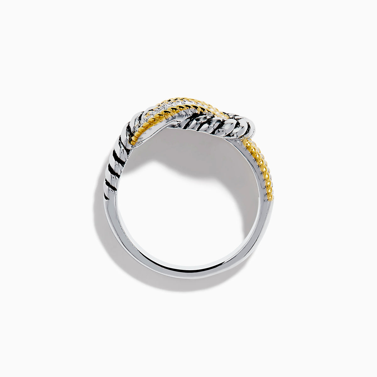 The 925 Sterling Silver 18K Plated Diamond Interlocking Links Ring features intertwined gold and silver rope-textured bands forming a central knot design, displayed on a plain white background.