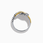 The 925 Sterling Silver 18K Plated Diamond Interlocking Links Ring features intertwined gold and silver rope-textured bands forming a central knot design, displayed on a plain white background.