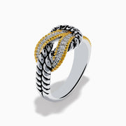The 925 Sterling Silver 18K Plated Diamond Interlocking Links Ring features intertwined gold and silver rope-textured bands forming a central knot design, displayed on a plain white background.