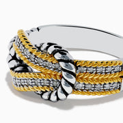 The 925 Sterling Silver 18K Plated Diamond Interlocking Links Ring features intertwined gold and silver rope-textured bands forming a central knot design, displayed on a plain white background.