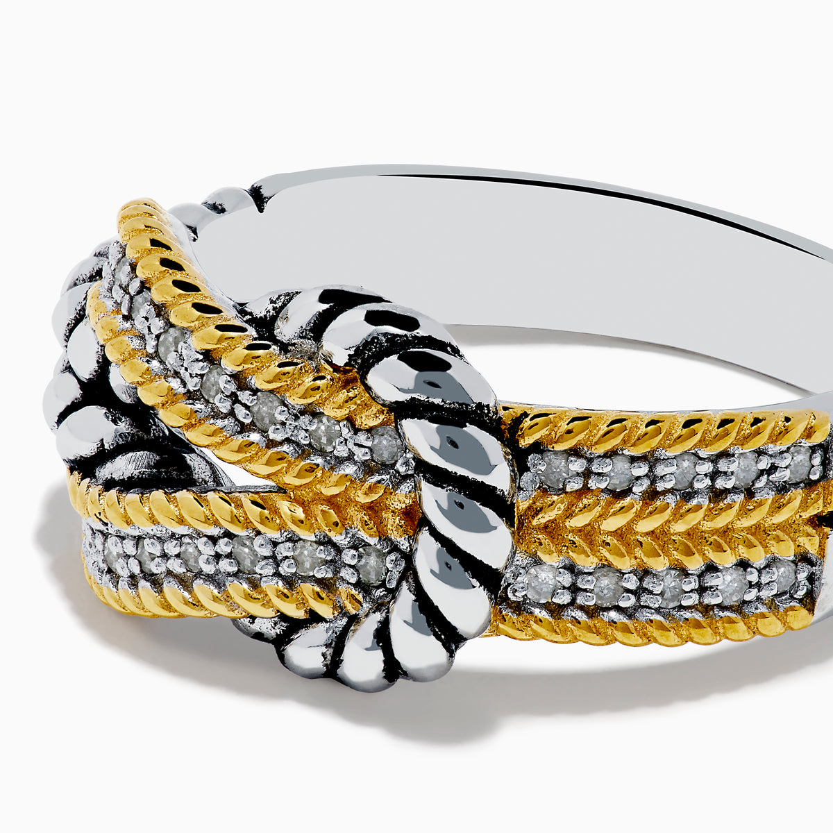 The 925 Sterling Silver 18K Plated Diamond Interlocking Links Ring features intertwined gold and silver rope-textured bands forming a central knot design, displayed on a plain white background.