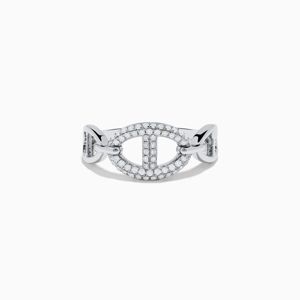 The 925 Sterling Silver Diamond Interlocking Links Ring features an oval centerpiece with small diamonds, an openwork design, and interlocking links on the band, shown against a white background.