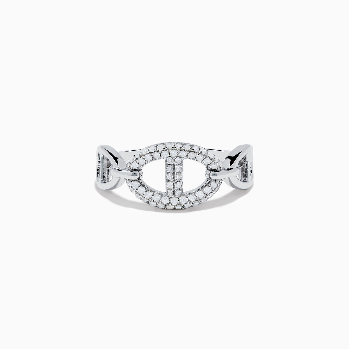 The 925 Sterling Silver Diamond Interlocking Links Ring features an oval centerpiece with small diamonds, an openwork design, and interlocking links on the band, shown against a white background.