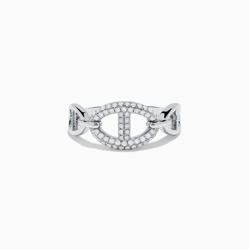 The 925 Sterling Silver Diamond Interlocking Links Ring features an oval centerpiece with small diamonds, an openwork design, and interlocking links on the band, shown against a white background.