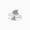 The 925 Sterling Silver Diamond Spiral Arrow Ring features an arrowhead and fletching with sparkling diamonds, creating a striking wrap-around design showcased against a white background.