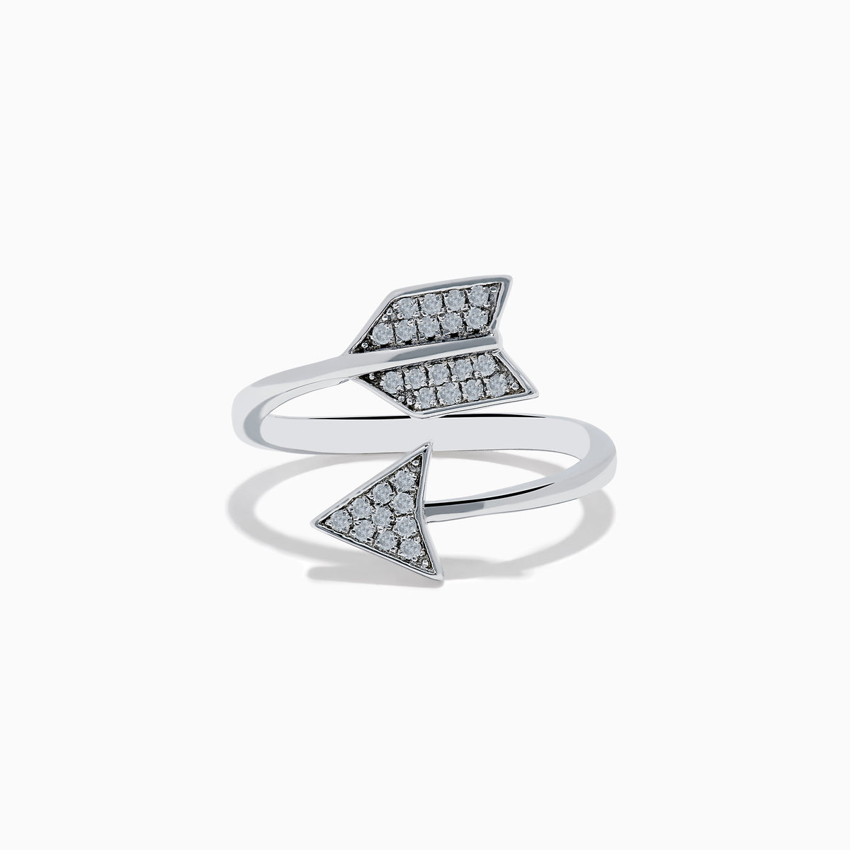 The 925 Sterling Silver Diamond Spiral Arrow Ring features an arrowhead and fletching with sparkling diamonds, creating a striking wrap-around design showcased against a white background.