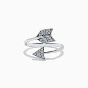 The 925 Sterling Silver Diamond Spiral Arrow Ring features an arrowhead and fletching with sparkling diamonds, creating a striking wrap-around design showcased against a white background.