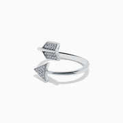 The 925 Sterling Silver Diamond Spiral Arrow Ring features an arrowhead and fletching with sparkling diamonds, creating a striking wrap-around design showcased against a white background.