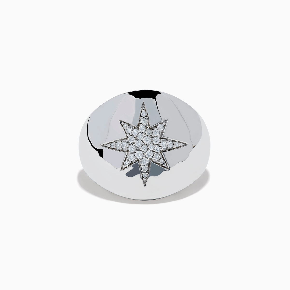 The 925 Sterling Silver Diamond Star Signet Ring features a raised star design encrusted with sparkling diamonds, showcased against a plain white background.
