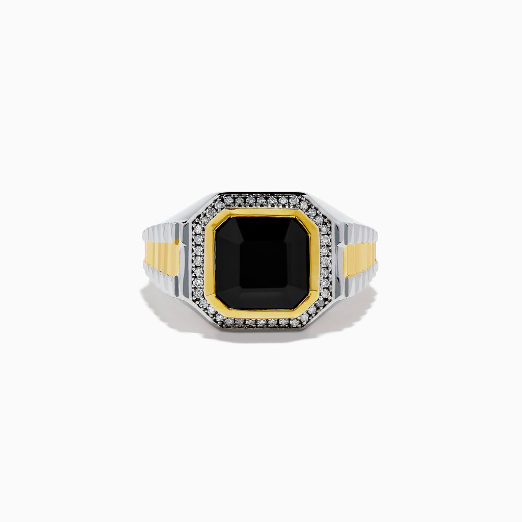 Effy Men's 925 Sterling Silver Onyx and Diamond Gold Plated Ring