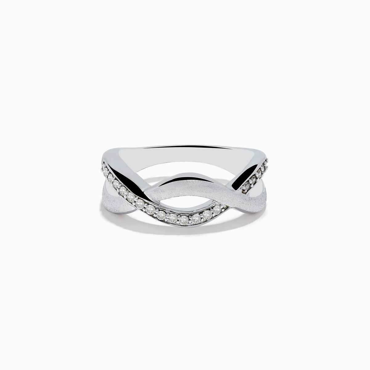The 925 Sterling Silver Diamond Ring features an elegant twisted design with one band embellished with sparkling diamonds and the other finished in smooth matte silver.