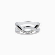 The 925 Sterling Silver Diamond Ring features an elegant twisted design with one band embellished with sparkling diamonds and the other finished in smooth matte silver.