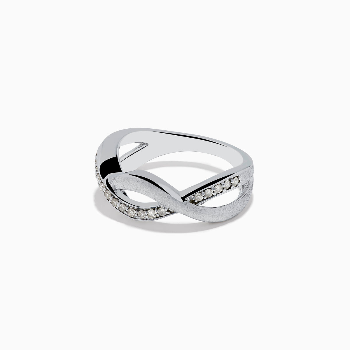 The 925 Sterling Silver Diamond Ring features an elegant twisted design with one band embellished with sparkling diamonds and the other finished in smooth matte silver.
