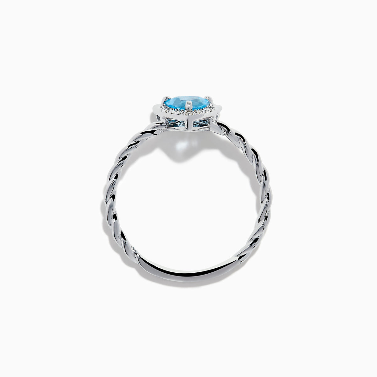The 925 Sterling Silver Blue Topaz and Diamond Ring features a twisted band, a heart-shaped blue topaz center, and sparkling diamonds, shown against a plain white background.