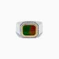 A bold Mens 925 Sterling Silver Ammolite and Diamond Ring showcasing a large, rectangular ammolite with green and red tones, framed by sparkling diamonds—an eye-catching piece for any mens jewelry collection.