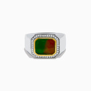A bold Mens 925 Sterling Silver Ammolite and Diamond Ring showcasing a large, rectangular ammolite with green and red tones, framed by sparkling diamonds—an eye-catching piece for any mens jewelry collection.