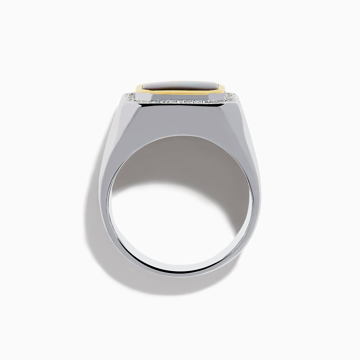 A bold Mens 925 Sterling Silver Ammolite and Diamond Ring showcasing a large, rectangular ammolite with green and red tones, framed by sparkling diamonds—an eye-catching piece for any mens jewelry collection.