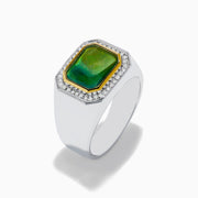 A bold Mens 925 Sterling Silver Ammolite and Diamond Ring showcasing a large, rectangular ammolite with green and red tones, framed by sparkling diamonds—an eye-catching piece for any mens jewelry collection.