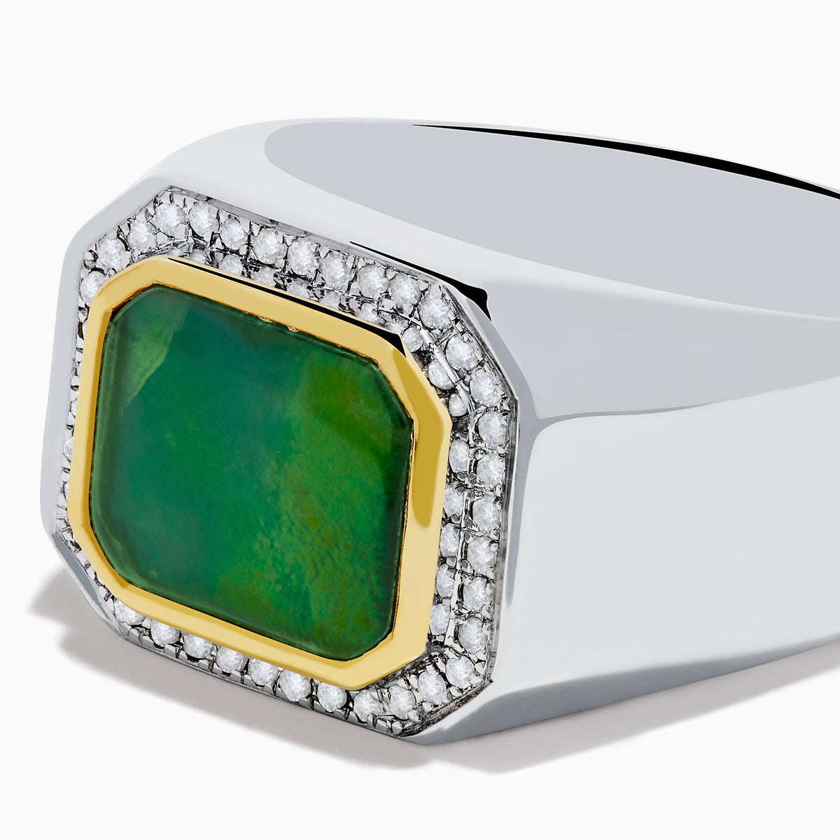 A bold Mens 925 Sterling Silver Ammolite and Diamond Ring showcasing a large, rectangular ammolite with green and red tones, framed by sparkling diamonds—an eye-catching piece for any mens jewelry collection.