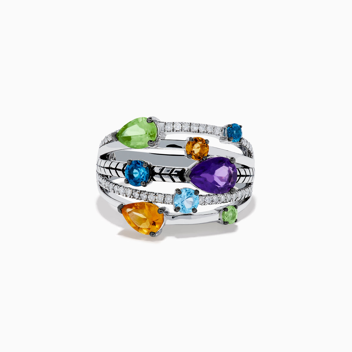 The Mosaic 925 Sterling Silver Multi Gemstone and Diamond Ring features pear-shaped purple, orange, green, and blue stones with round diamond accents and geometric engraving across multiple bands.