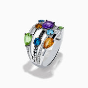 The Mosaic 925 Sterling Silver Multi Gemstone and Diamond Ring features pear-shaped purple, orange, green, and blue stones with round diamond accents and geometric engraving across multiple bands.