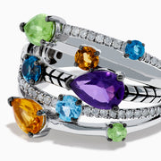 The Mosaic 925 Sterling Silver Multi Gemstone and Diamond Ring features pear-shaped purple, orange, green, and blue stones with round diamond accents and geometric engraving across multiple bands.