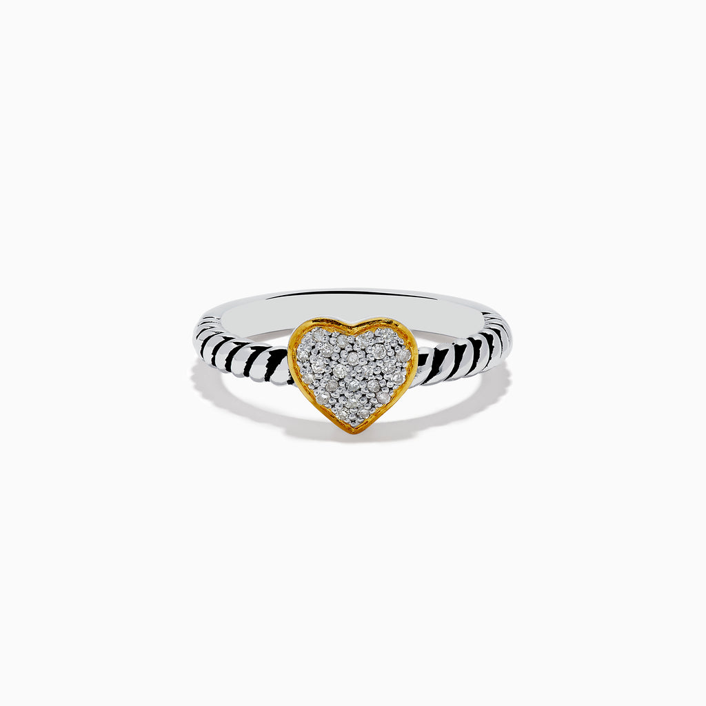 The 925 Sterling Silver Two Tone Gold Plated Diamond Heart Ring features a textured band and a gold-plated, diamond-encrusted heart centerpiece, shown against a plain white background.