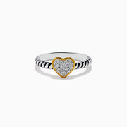 The 925 Sterling Silver Two Tone Gold Plated Diamond Heart Ring features a textured band and a gold-plated, diamond-encrusted heart centerpiece, shown against a plain white background.