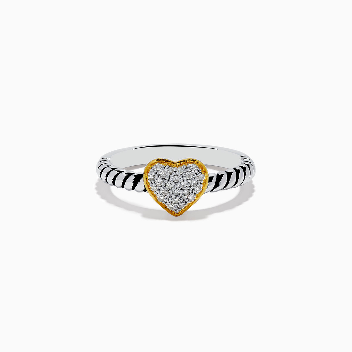 The 925 Sterling Silver Two Tone Gold Plated Diamond Heart Ring features a textured band and a gold-plated, diamond-encrusted heart centerpiece, shown against a plain white background.