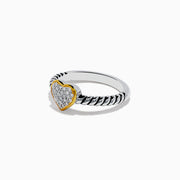 The 925 Sterling Silver Two Tone Gold Plated Diamond Heart Ring features a textured band and a gold-plated, diamond-encrusted heart centerpiece, shown against a plain white background.