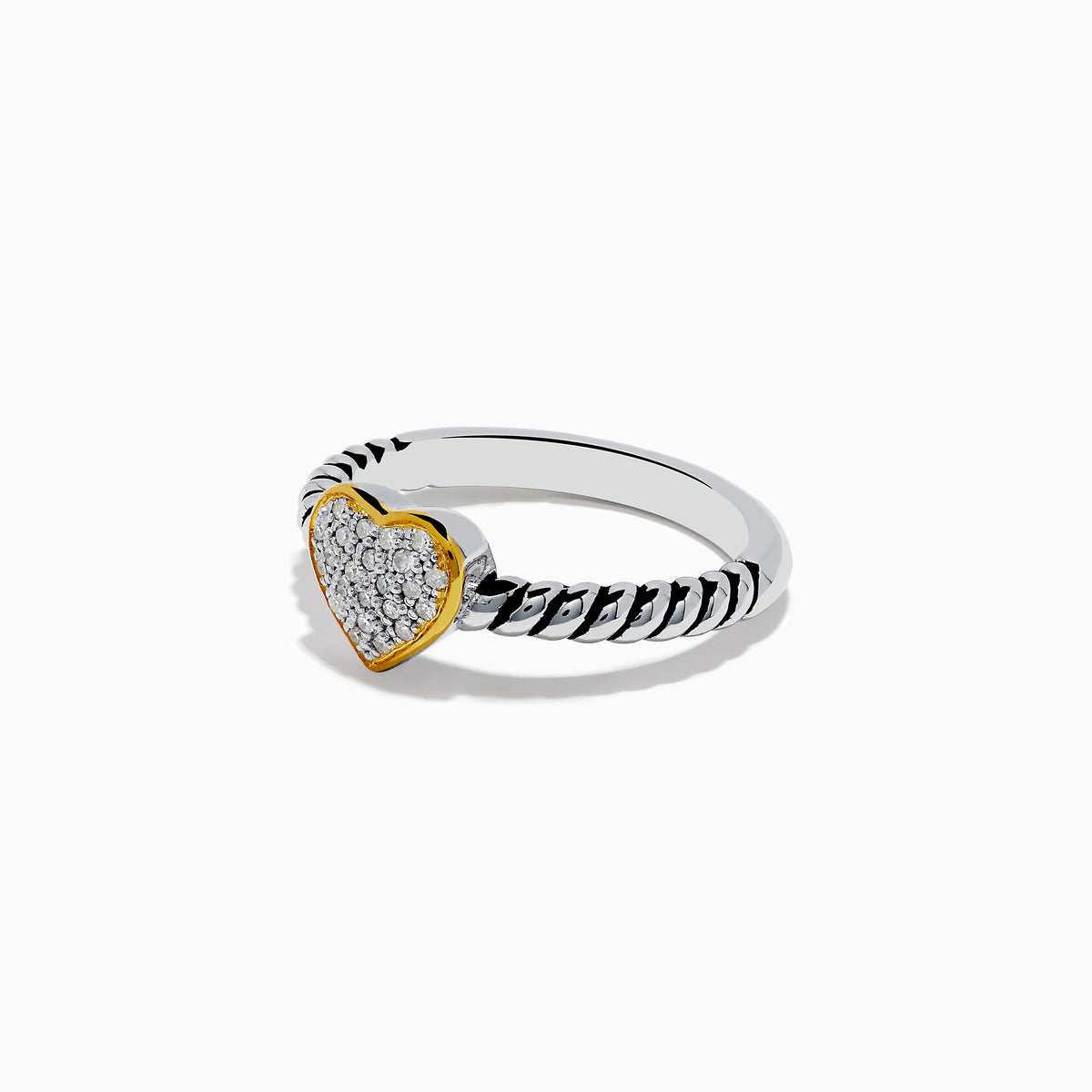 The 925 Sterling Silver Two Tone Gold Plated Diamond Heart Ring features a textured band and a gold-plated, diamond-encrusted heart centerpiece, shown against a plain white background.