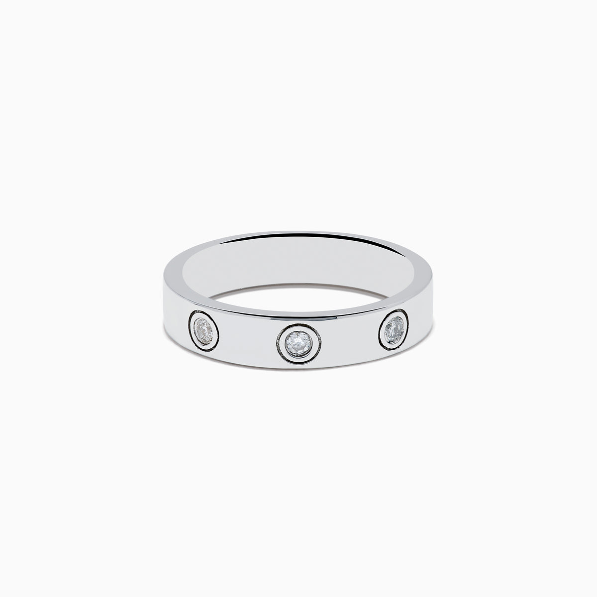The 925 Sterling Silver Diamond Ring features three evenly spaced round diamonds set into a sleek silver band, shown against a plain white background.