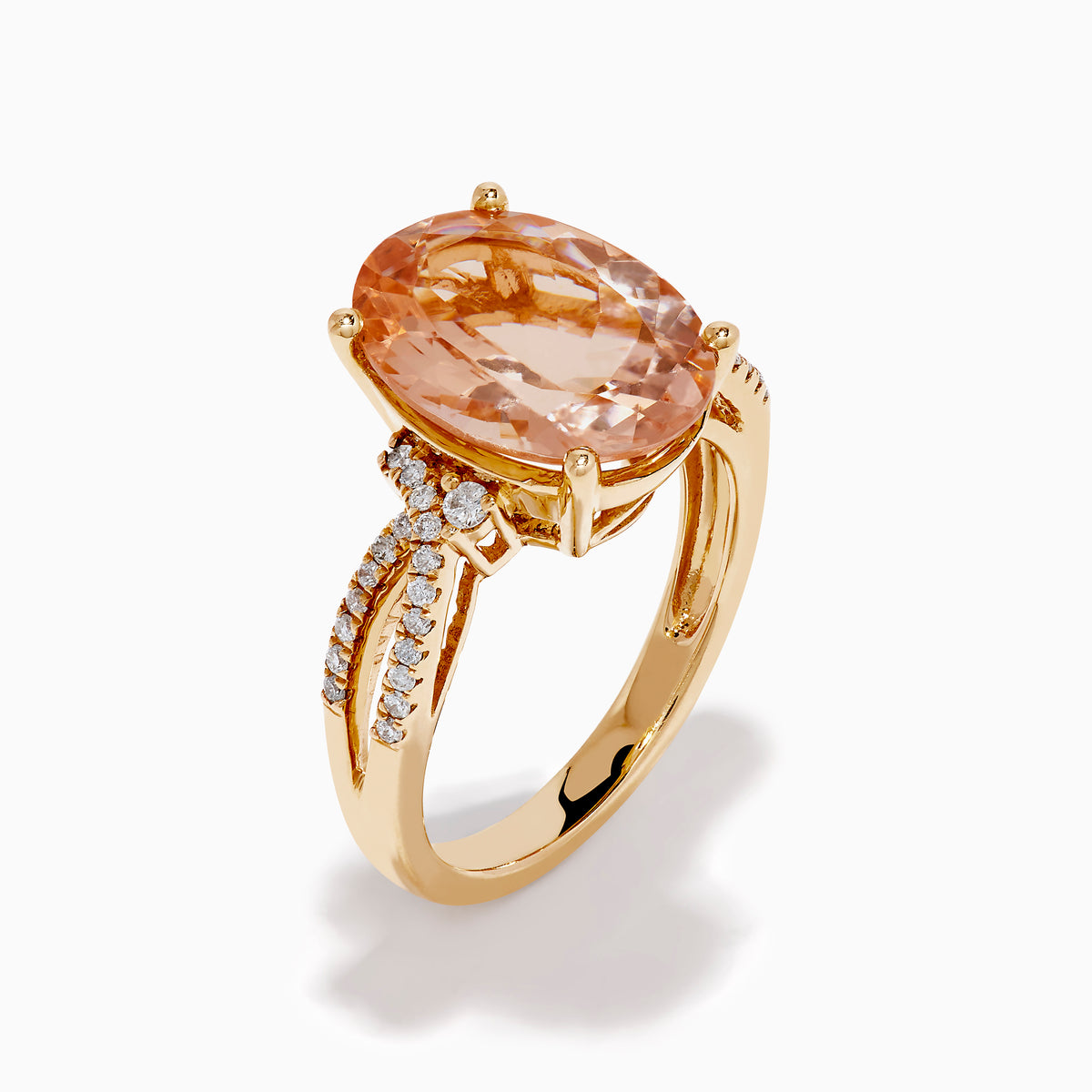 The 14K Rose Gold Morganite and Diamond Twist Band Ring features an oval peach morganite center stone with rows of white diamonds on a unique twist band, shown against a white background.