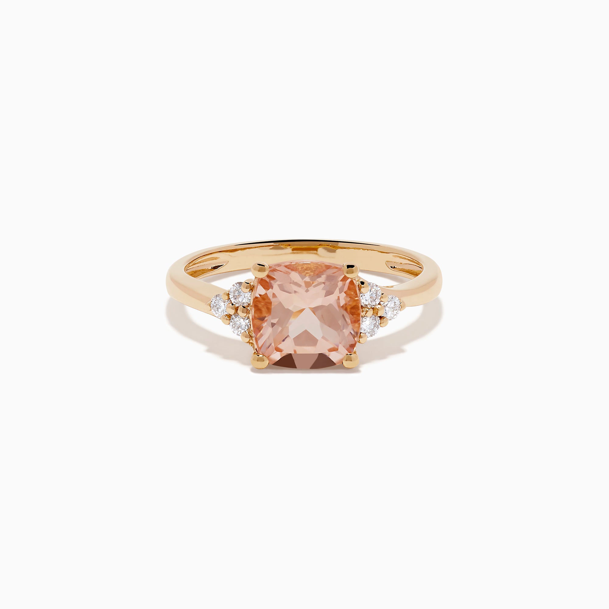 A beautiful 14K Rose Gold Cushion Solitaire Morganite and Diamond Ring featuring a large peach cushion-cut morganite center stone, accented by three round white diamonds on each side.