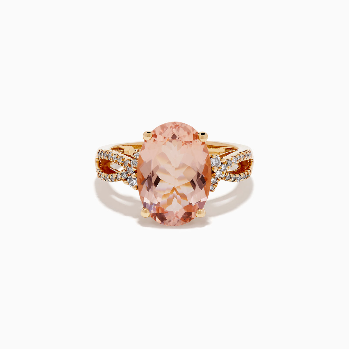The 14K Rose Gold Oval Solitaire Morganite and Diamond Ring features a large pink morganite centerpiece, accented by two rows of sparkling diamonds along the split shank rose gold band.
