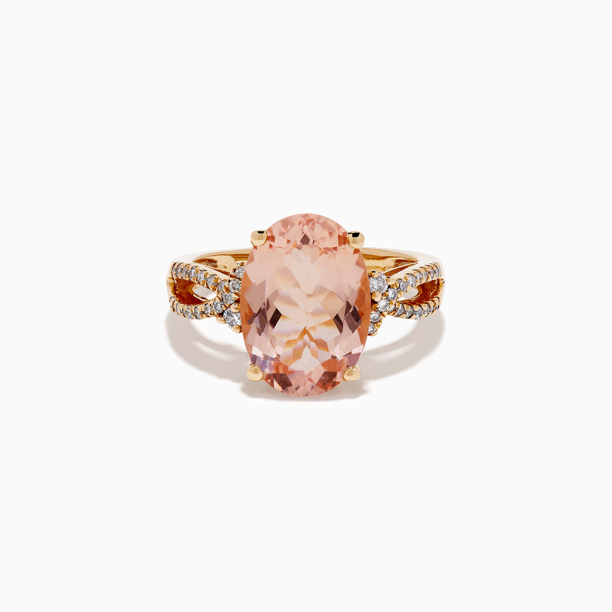 The 14K Rose Gold Oval Solitaire Morganite and Diamond Ring features a large pink morganite centerpiece, accented by two rows of sparkling diamonds along the split shank rose gold band.