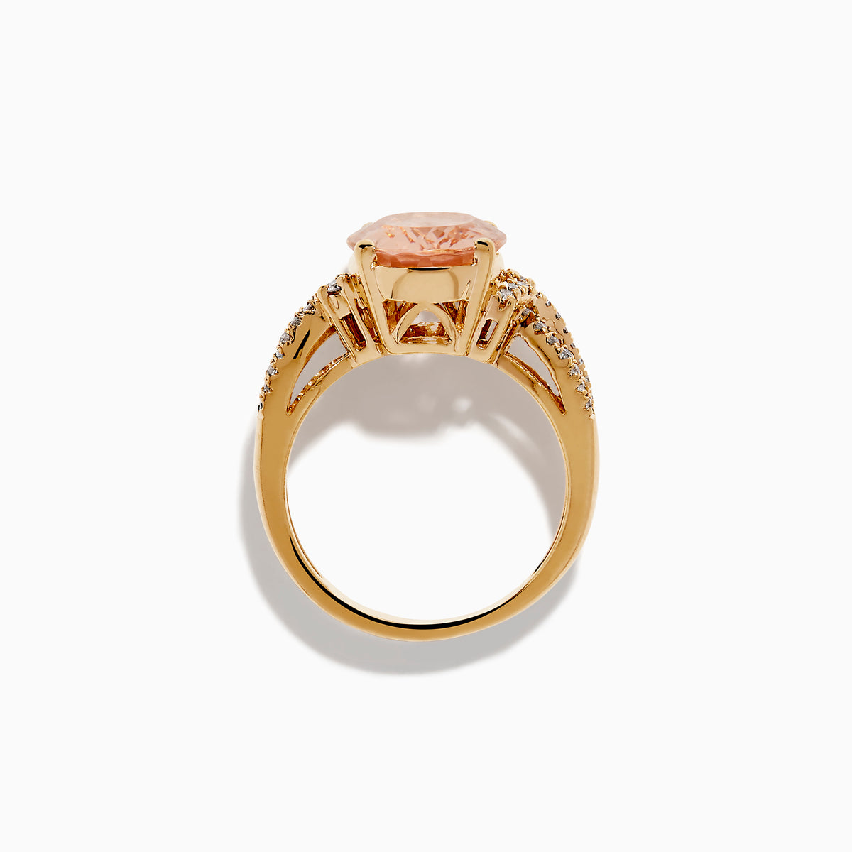 The 14K Rose Gold Oval Solitaire Morganite and Diamond Ring features a large pink morganite centerpiece, accented by two rows of sparkling diamonds along the split shank rose gold band.