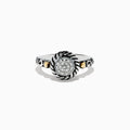 The 925 Sterling Silver and 18K Yellow Gold Diamond Ring features a round, textured centerpiece with small diamonds and elegant swirling designs around the main setting.