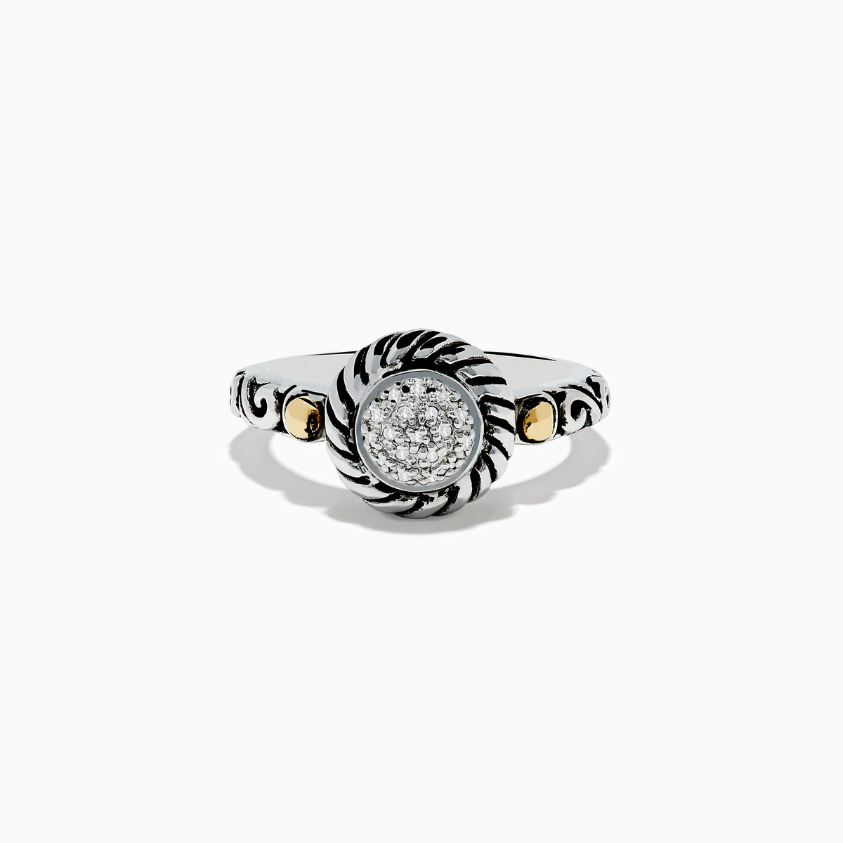 The 925 Sterling Silver and 18K Yellow Gold Diamond Ring features a round, textured centerpiece with small diamonds and elegant swirling designs around the main setting.