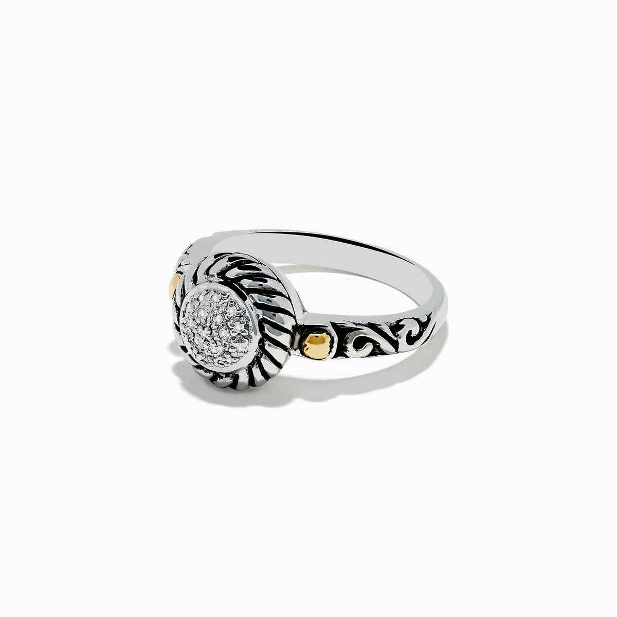 The 925 Sterling Silver and 18K Yellow Gold Diamond Ring features an ornate band with black detailing, gold accents on each side, and a central round cluster of small diamonds.