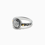 The 925 Sterling Silver and 18K Yellow Gold Diamond Ring features an ornate band with black detailing, gold accents on each side, and a central round cluster of small diamonds.