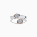 The 925 Sterling Silver & 14K Rose Gold Diamond Bypass Ring features a ribbed open band with two teardrop-shaped, diamond-encrusted ends outlined in rose gold, creating an elegant look against a white background.